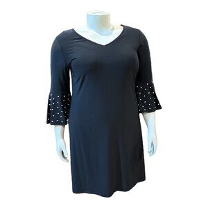 Roz & Ali Black V-Neck 3/4 Pearl-Embellished Sleeve Tie Back Dress Women's 1X